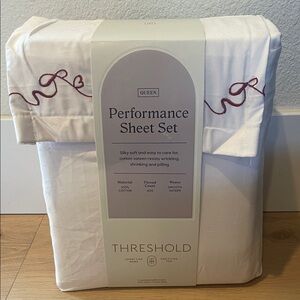 Queen Threshold Performance Sheet Set- Ivory with red love detailed hem